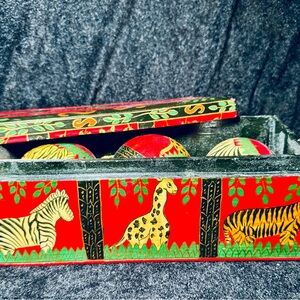 Lacquered Wood Box with Matching Ornaments Hand-Painted Zebra Giraffe & Tiger
